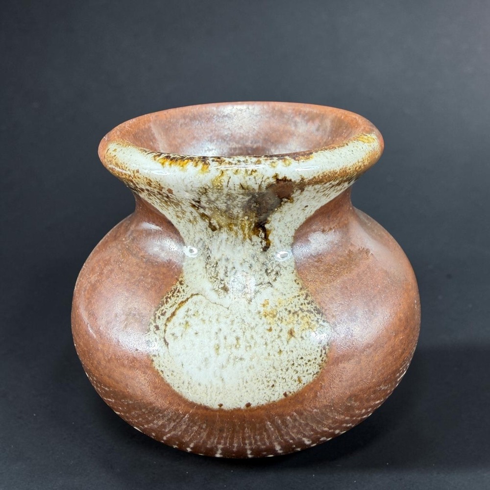 Handmade USA Studio Pottery Mini Brutalist Vase Brown White Drip Glaze 2x1.5in